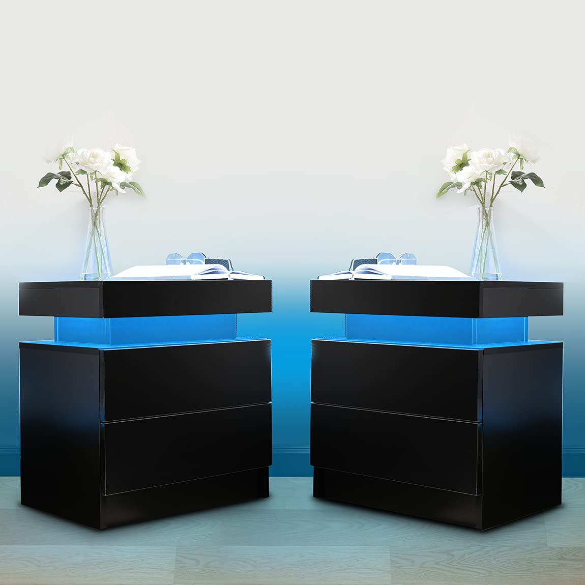 【Furniture】Nightstand Set of 2 LED Nightstand with 2 Drawers, Bedside Table with Drawers for Bedroom Furniture