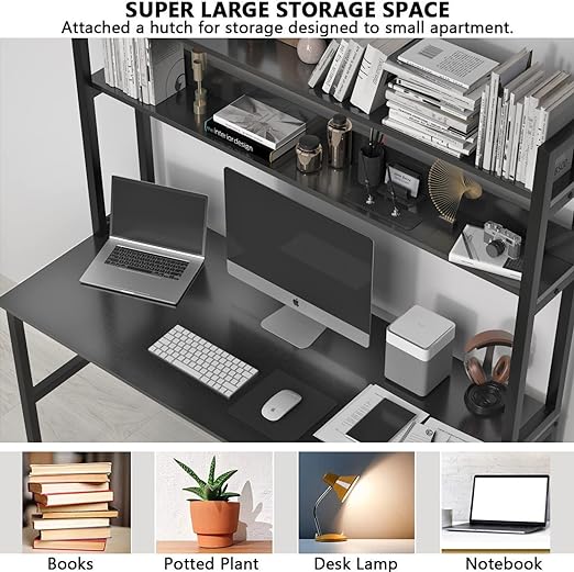 Aquzee Desk with Cabinets and Bookshelf, Heavy Duty Black Home Office Computer Desk