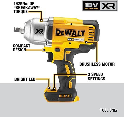 DEWALT DCF899N-XJ, 18 V XR Brushless 1/2 Inch High Torque Impact Wrench (950 Nm), Bare Unit, Yellow/Black