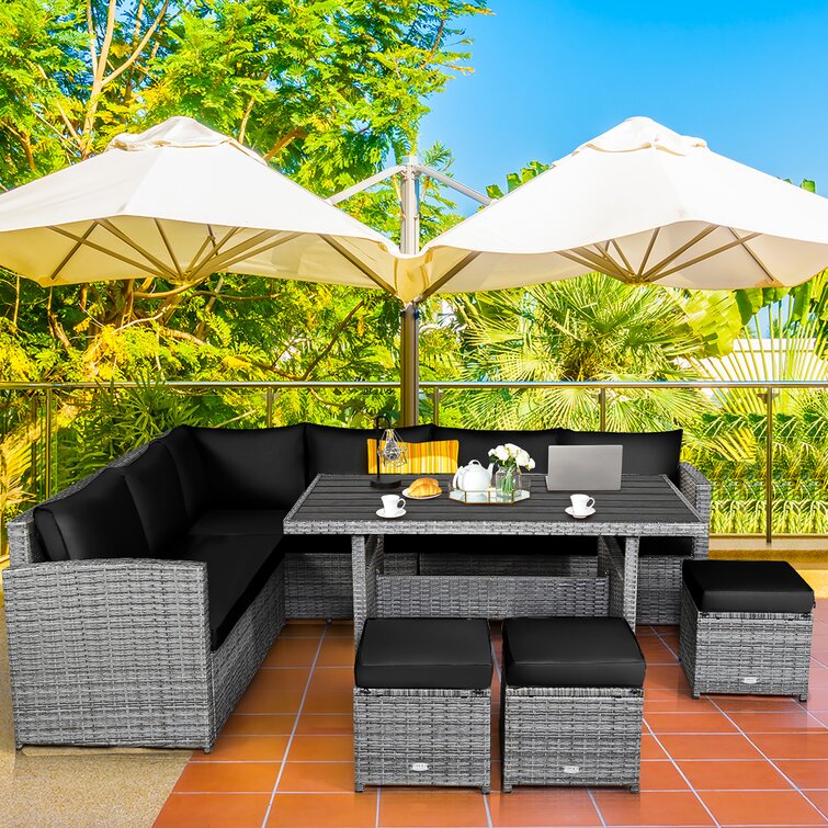 【Home&Garden】Stefanie Polyethylene (PE) Wicker 9 - Person Seating Group with Cushions