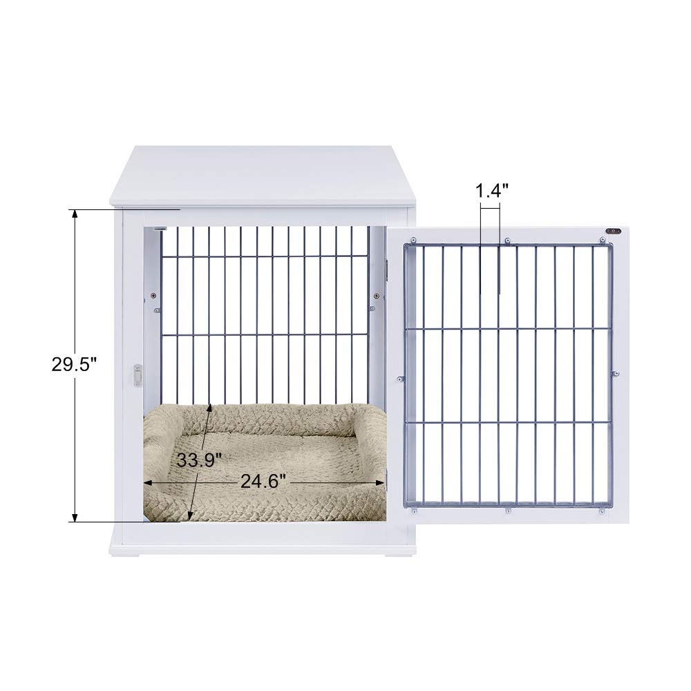 【Pet】Furniture Style Dog Crate End Table with Cushion, Wooden Wire Pet Kennels with Double Doors