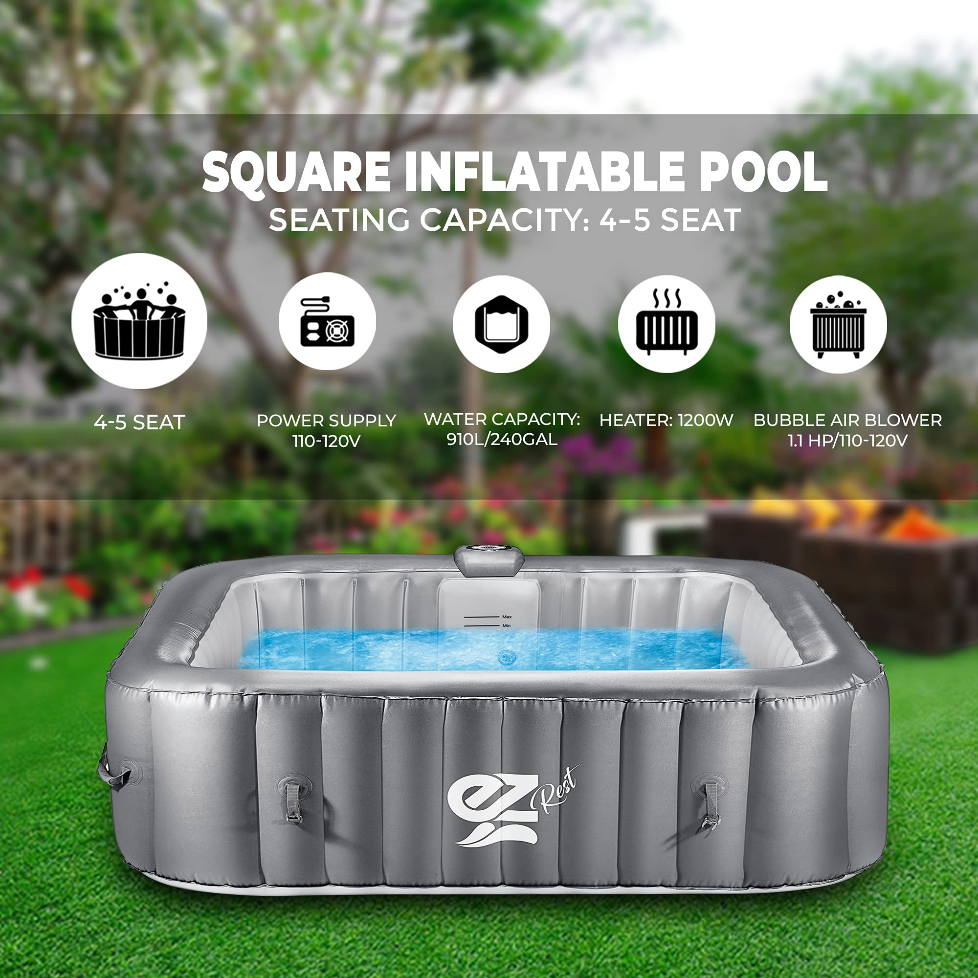 【Sports&Outdoors】Outdoor Portable Hot Tub - 6-Person Square Inflatable Heated Pool Spa