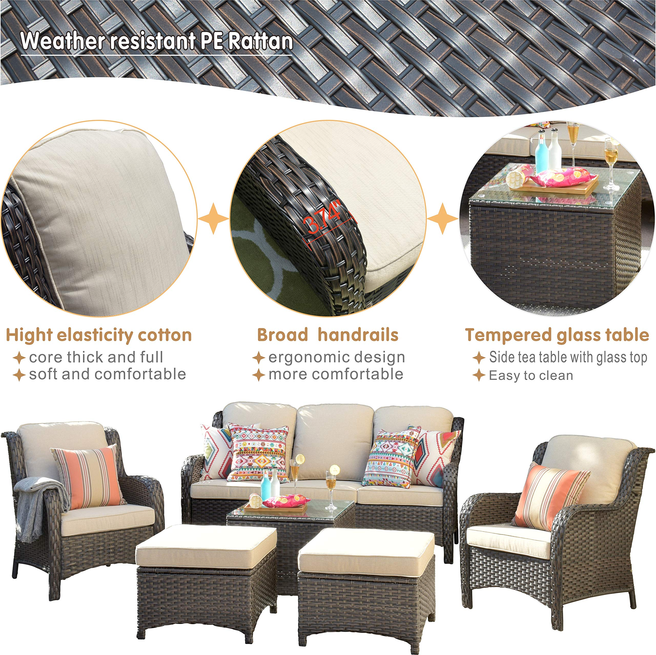 【Furniture】Patio Furniture Conversation Set All Weather Wicker 6 Pcs High Back Sofa w Coffee Table & Ottomans