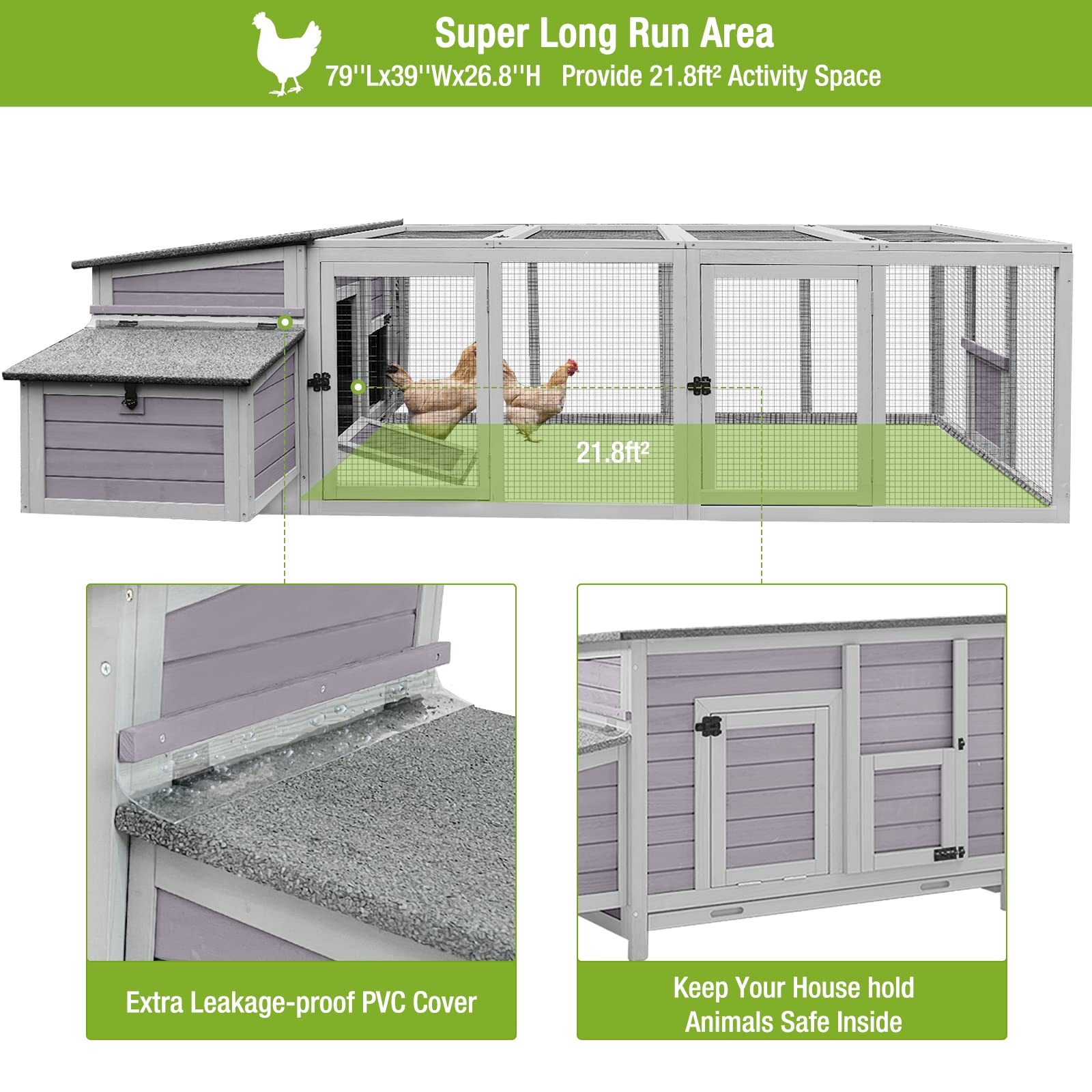 【Pet】103in Large Chicken Coop Outdoor Wooden Chicken House, Hen House Poultry Cage for 4-6 Hens