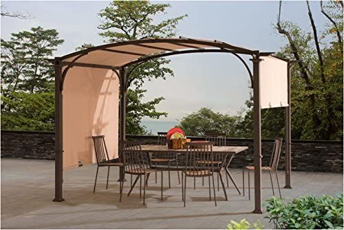 【Home&Garden】9.5x11 Steel Arched Pergola with 2-Tone Adjustable Shade, Tan & Brown