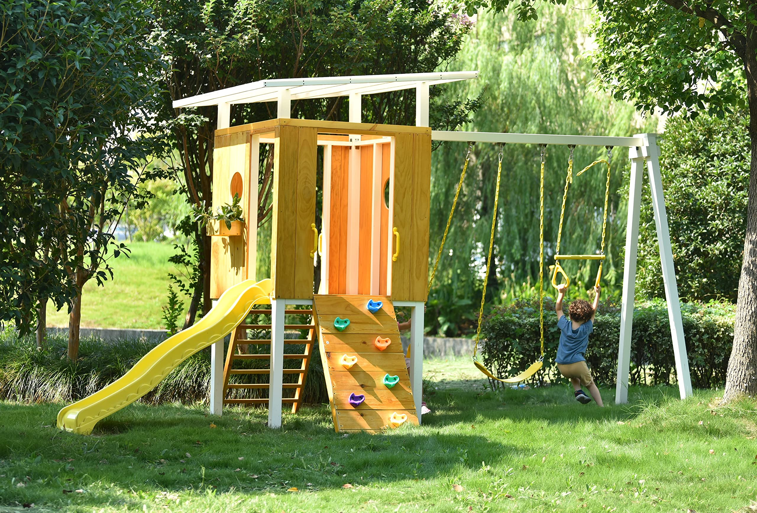 【Baby&Kids】Modern Outdoor Backyard Swing Set Children's Rock Climbing Wood Playground Playset 2 Belt Swings