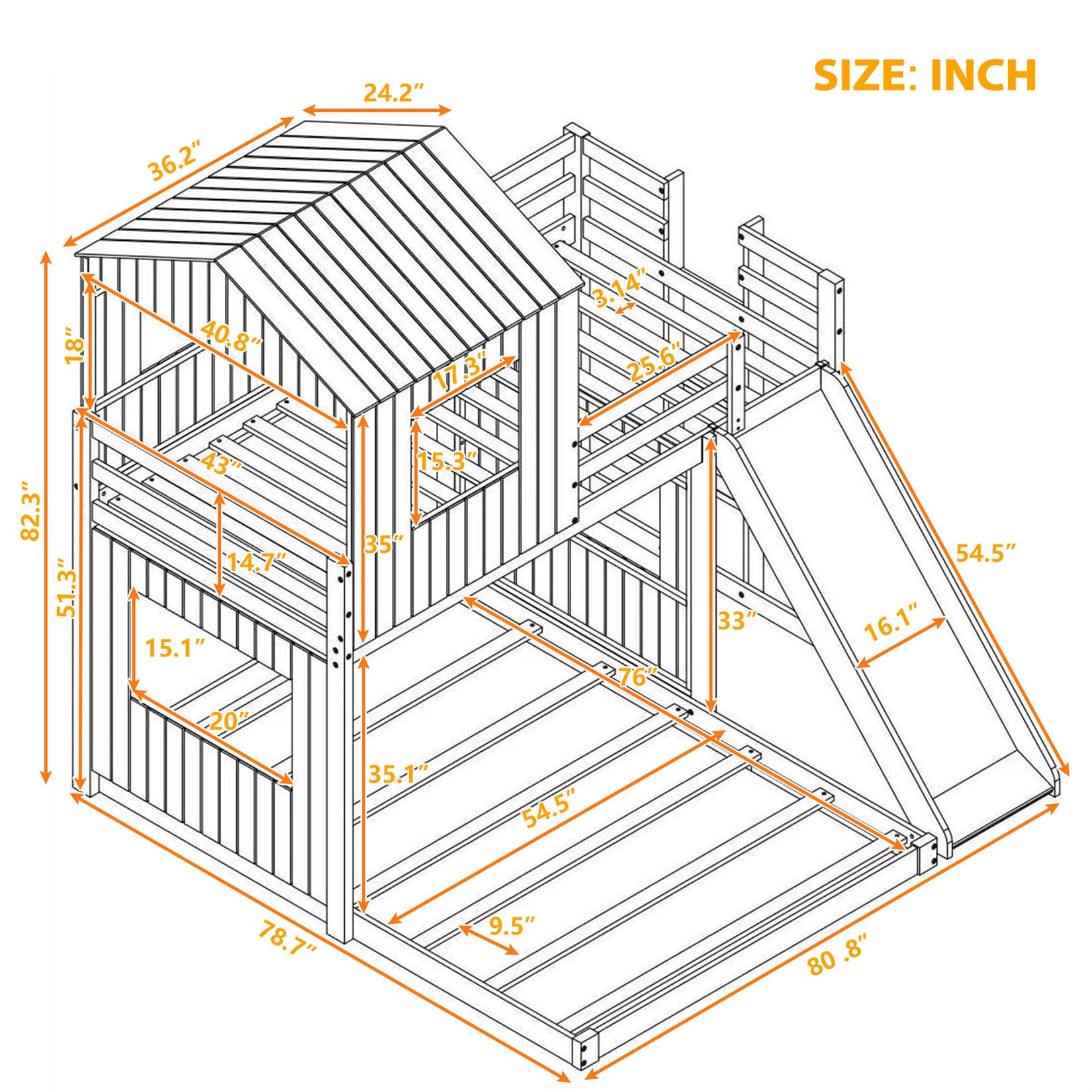 【Furniture】House Bed Bunk Beds with Slide, Wood Bunk Beds with Roof and Guard Rail for Kids, Toddlers