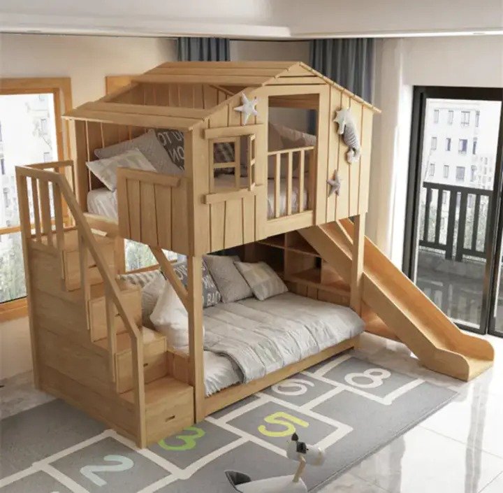 Cabin shape bunk beds with attached stairs and slide(1)