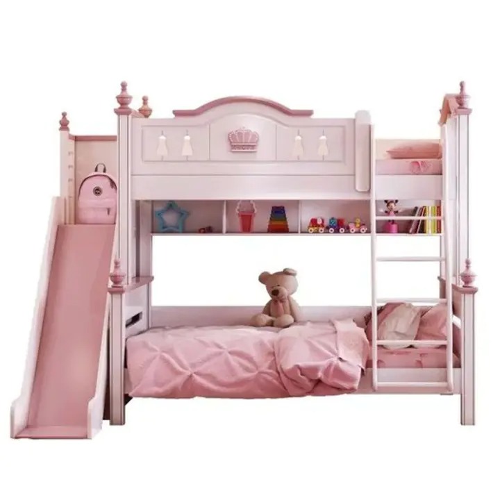 【Furniture】Sweet Princess Bed, Pink Kids Bunk Bed, American Style Exquisite Wooden Furniture
