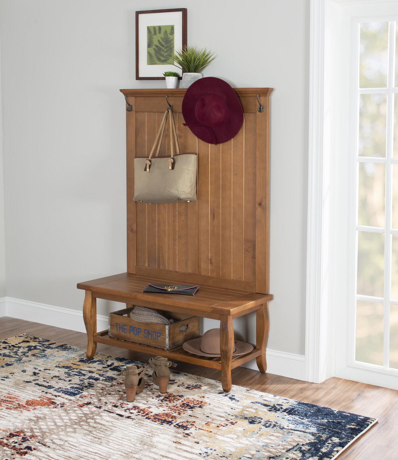 【Furniture】Bernnadette 40'' Wide Pine Solid Wood Hall Tree with Bench