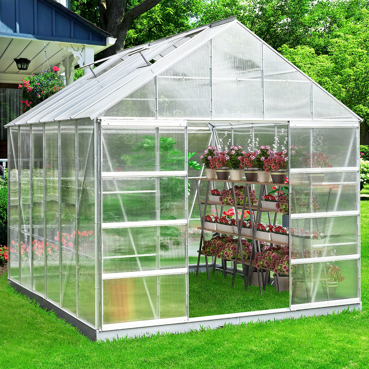 【Home&Garden】12'x10'x10.3' Outdoor Walk-in Hobby Greenhouse for Plants, Polycarbonate Aluminum Green House