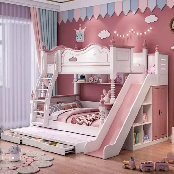 【Furniture】Sweet Princess Bed, Pink Kids Bunk Bed, American Style Exquisite Wooden Furniture