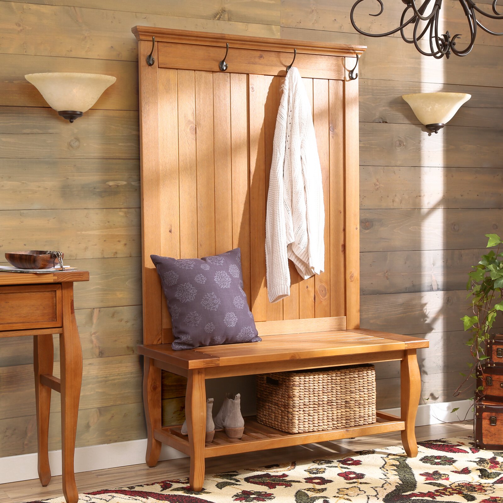 【Furniture】Bernnadette 40'' Wide Pine Solid Wood Hall Tree with Bench