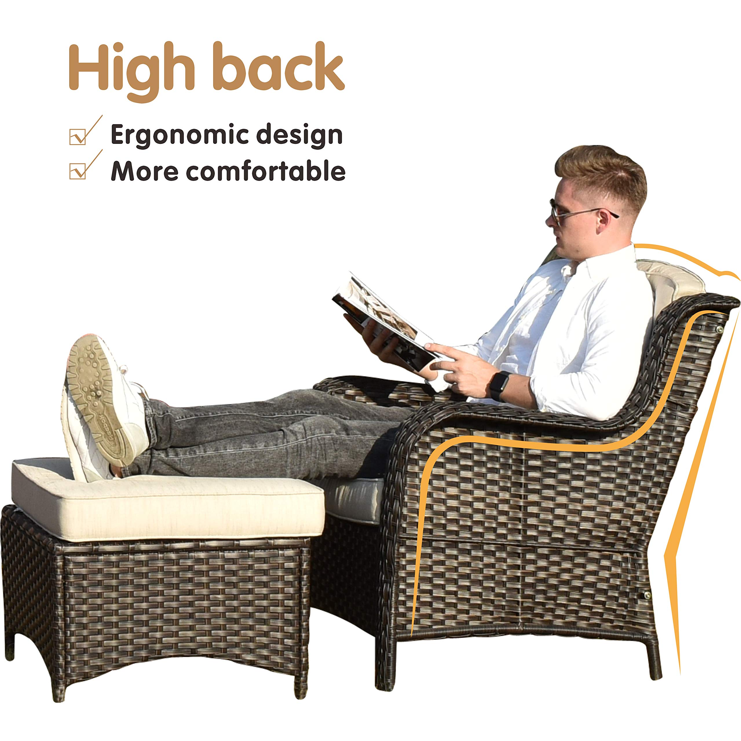 【Furniture】Patio Furniture Conversation Set All Weather Wicker 6 Pcs High Back Sofa w Coffee Table & Ottomans