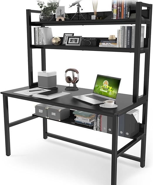 Aquzee Desk with Cabinets and Bookshelf, Heavy Duty Black Home Office Computer Desk