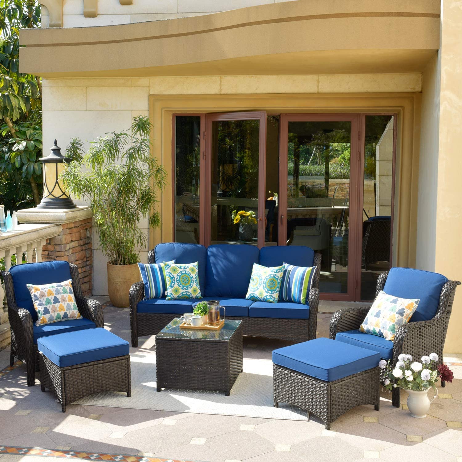 【Furniture】Patio Furniture Conversation Set All Weather Wicker 6 Pcs High Back Sofa w Coffee Table & Ottomans