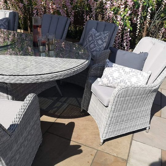 Malibu 8 Seat Oval Rattan Dining Set in Light Grey