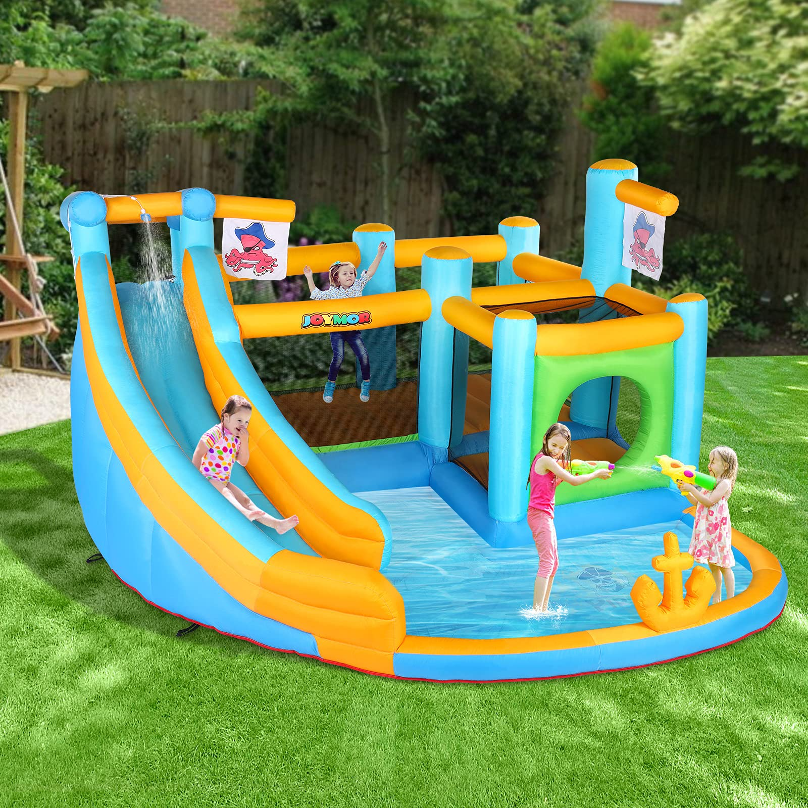 【Baby&Kids】Inflatable Water Slide Park, Pirate Themed Bounce House, Obstacle Course, Water Cannon