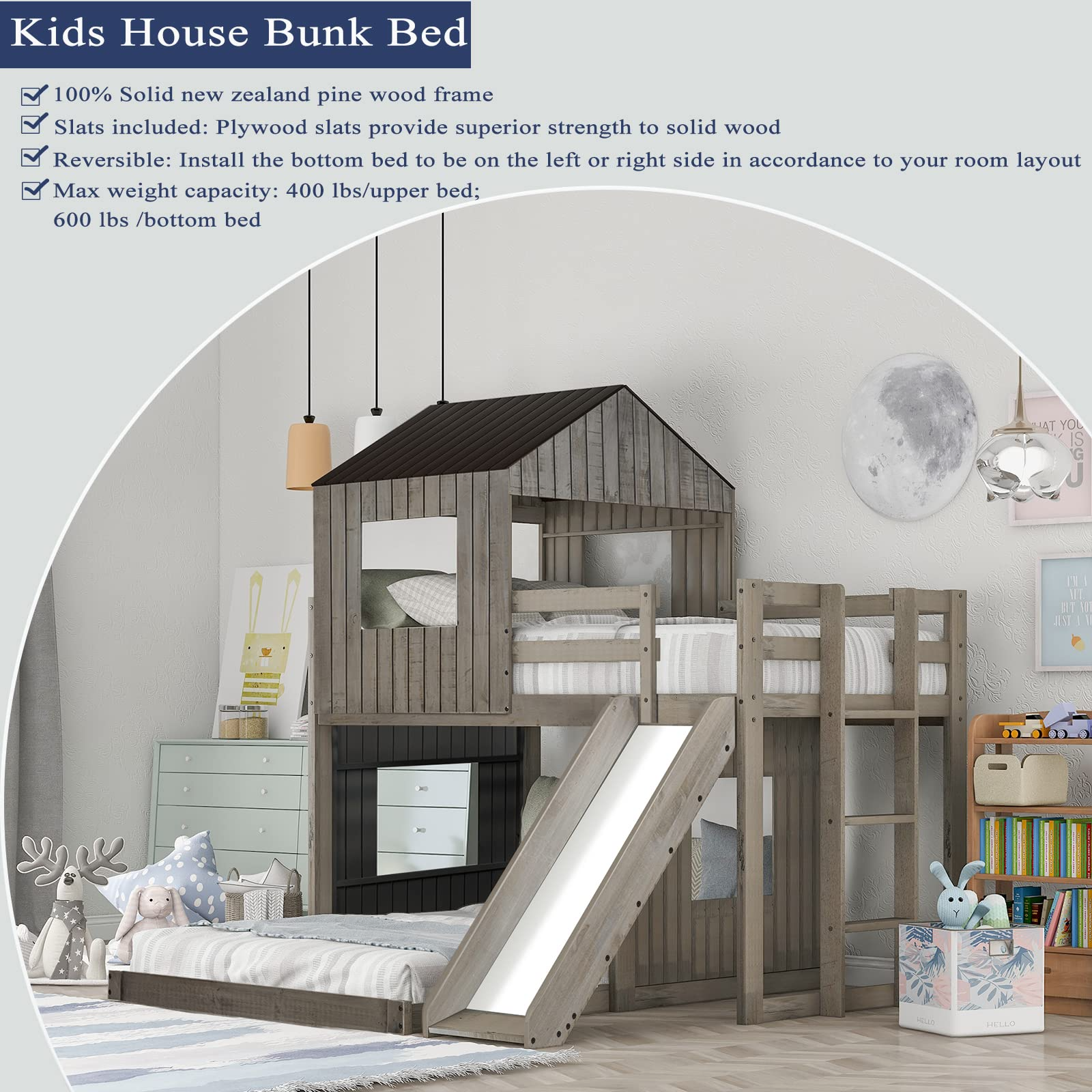 【Furniture】House Bed Bunk Beds with Slide, Wood Bunk Beds with Roof and Guard Rail for Kids, Toddlers