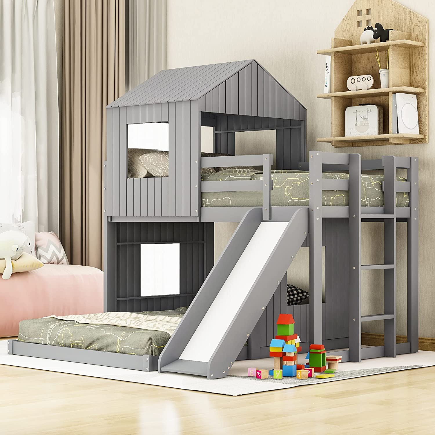 【Furniture】House Bed Bunk Beds with Slide, Wood Bunk Beds with Roof and Guard Rail for Kids, Toddlers