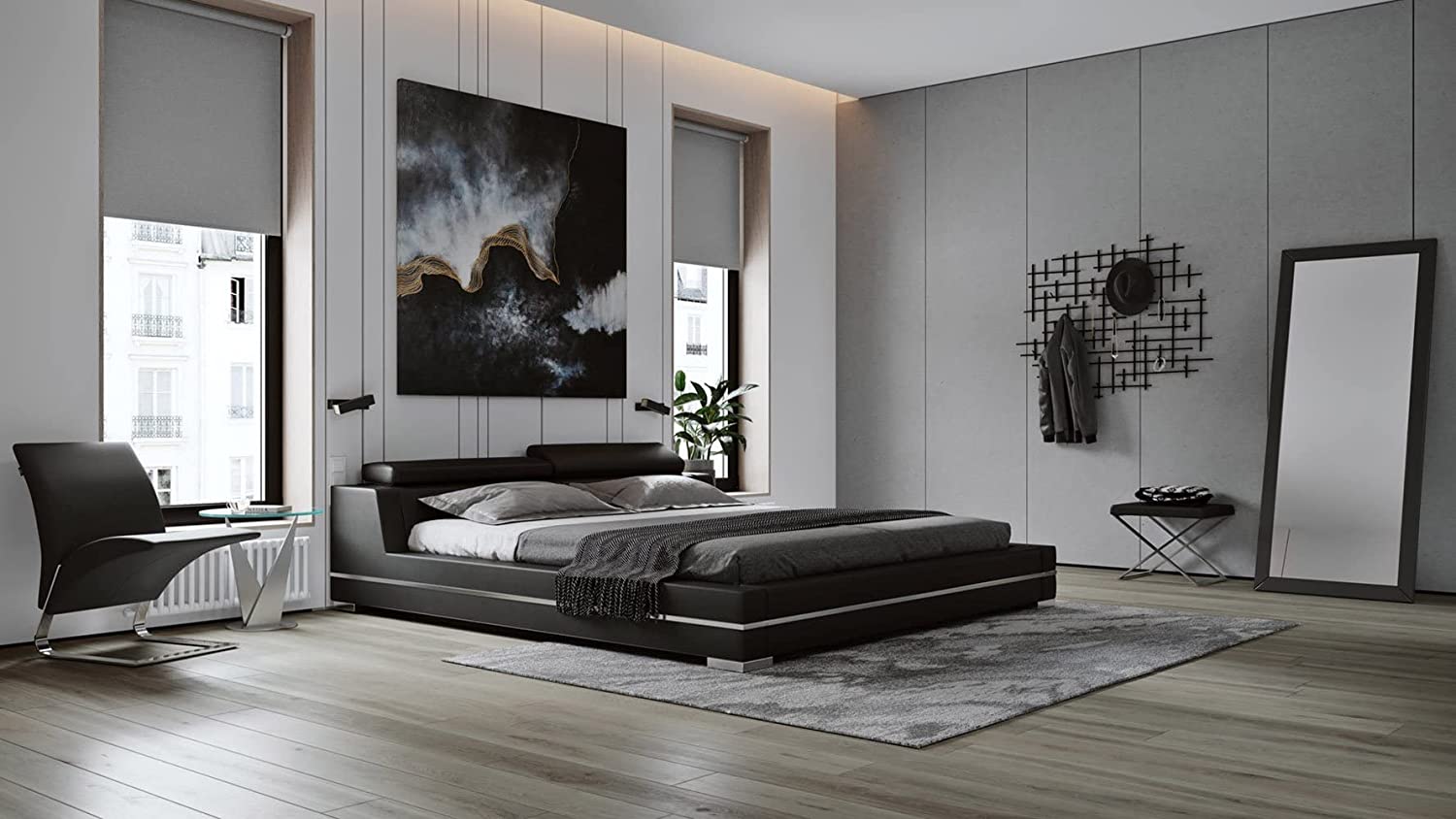 【Furniture】Hera Genuine White Leather Platform Bed with Adjustable Headrests - King