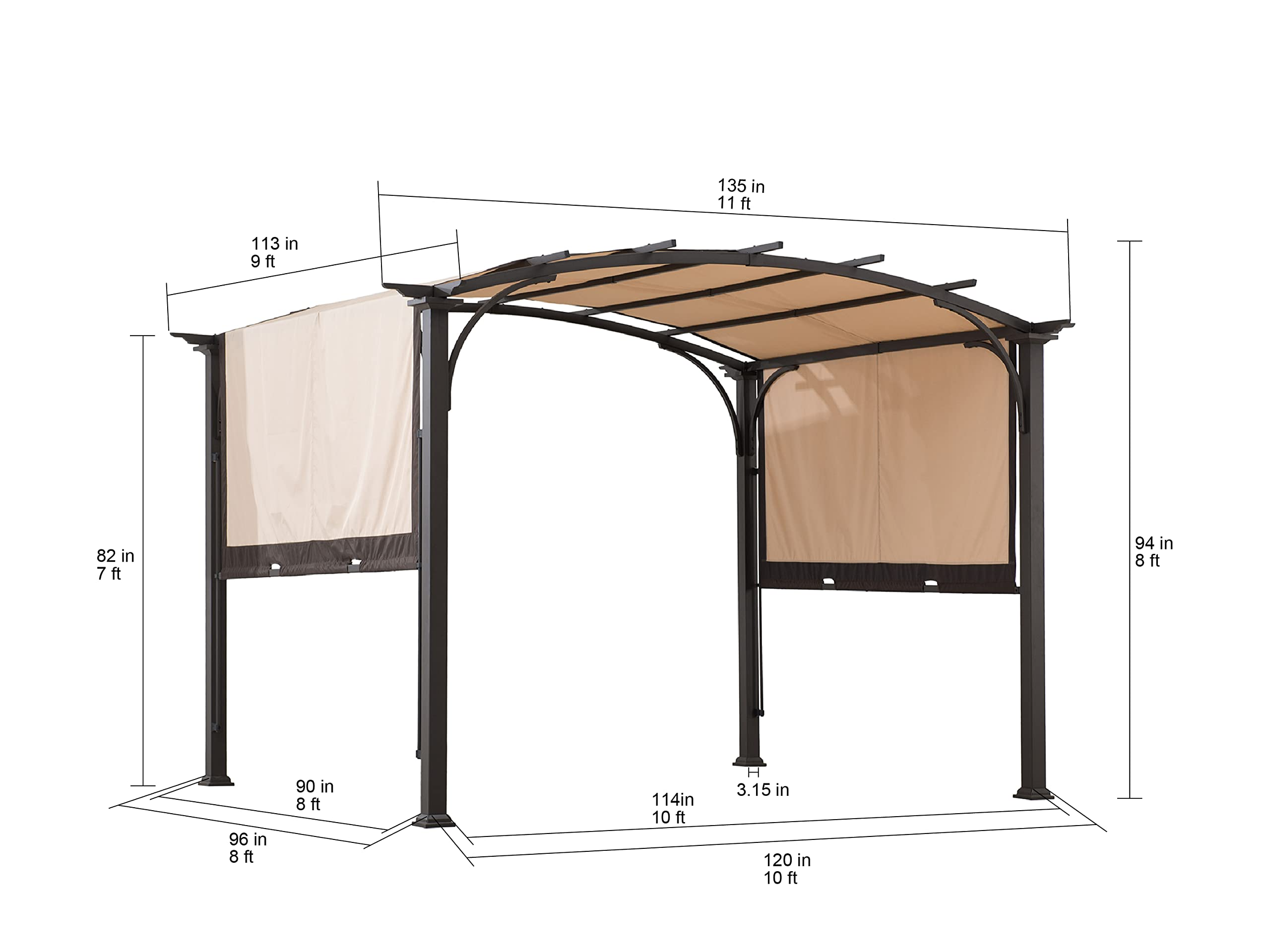 【Home&Garden】9.5x11 Steel Arched Pergola with 2-Tone Adjustable Shade, Tan & Brown