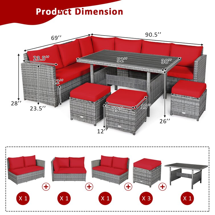 【Home&Garden】Stefanie Polyethylene (PE) Wicker 9 - Person Seating Group with Cushions