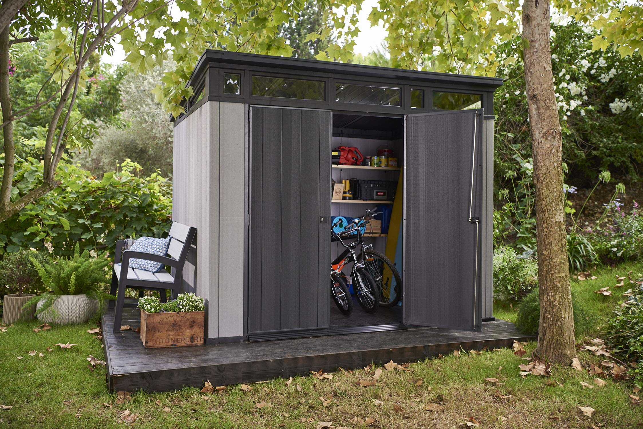 【Storage Shed】9x7 Foot Large Outdoor Shed with Floor with Modern Design for Patio Furniture, Tools
