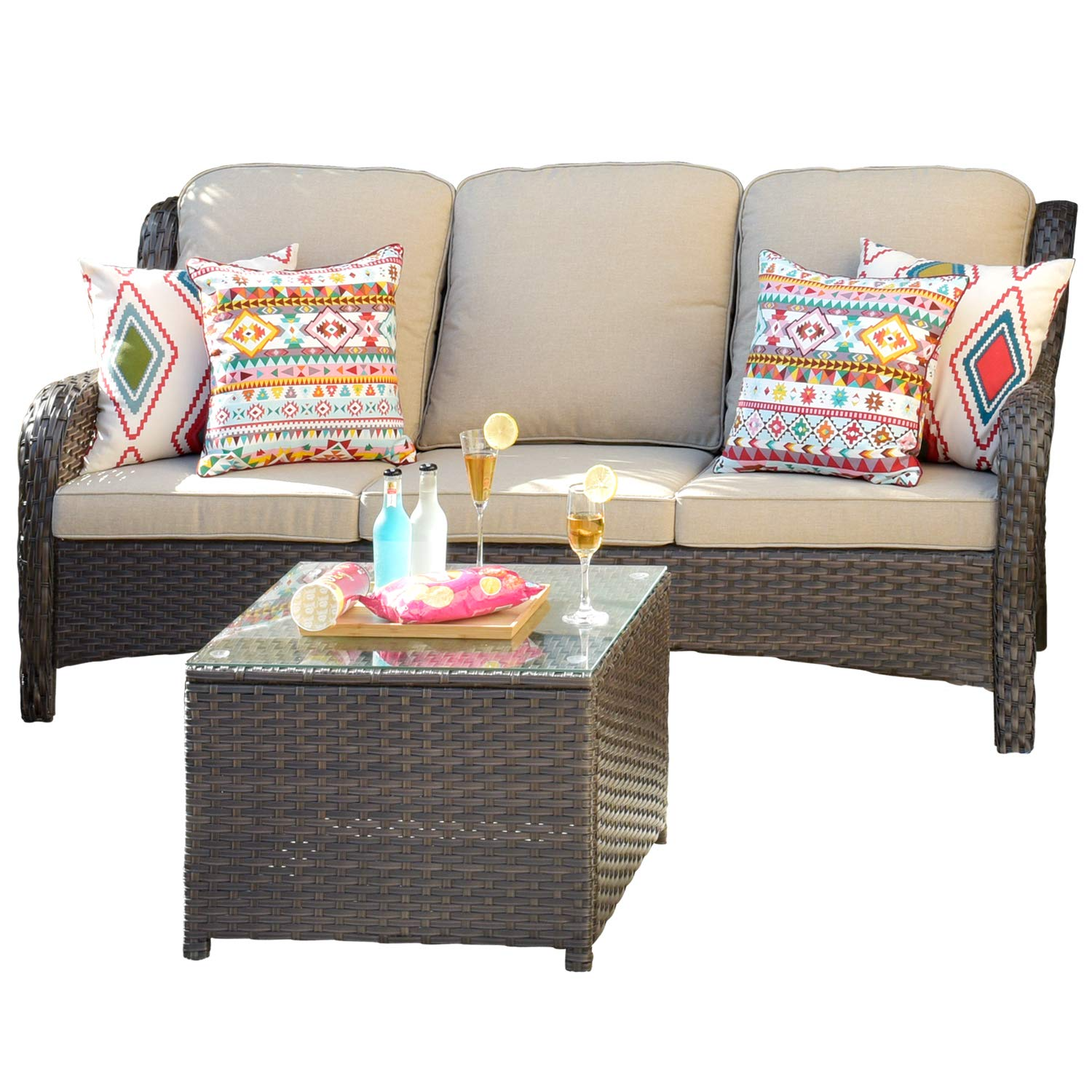 【Furniture】Patio Furniture Conversation Set All Weather Wicker 6 Pcs High Back Sofa w Coffee Table & Ottomans