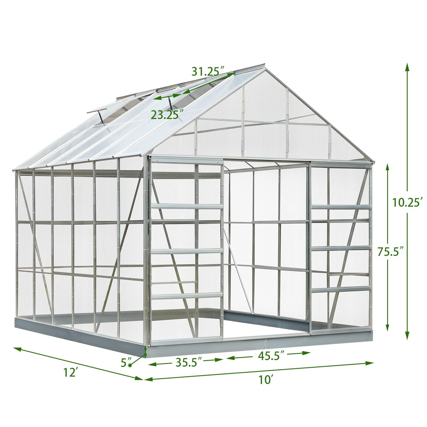 【Home&Garden】12'x10'x10.3' Outdoor Walk-in Hobby Greenhouse for Plants, Polycarbonate Aluminum Green House