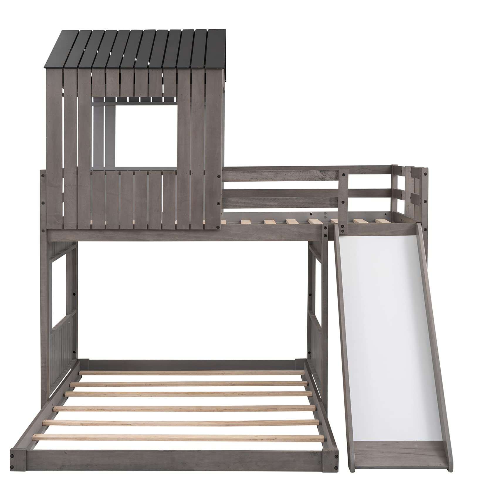 【Furniture】House Bed Bunk Beds with Slide, Wood Bunk Beds with Roof and Guard Rail for Kids, Toddlers