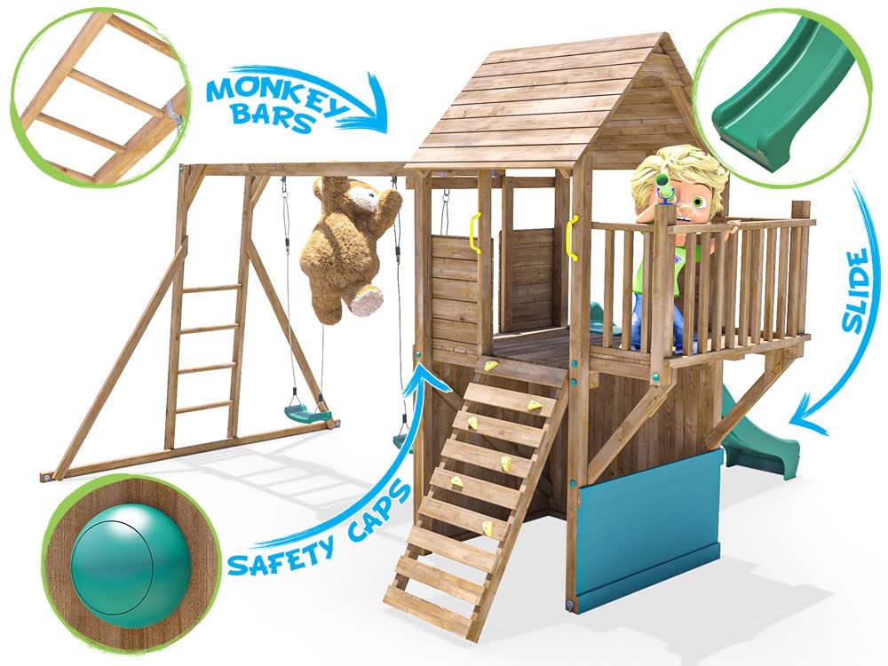 【Baby&Kids】Wooden Playhouse Climbing Frame Childrens Outdoor Play Tower Monkey Bar Swing Set