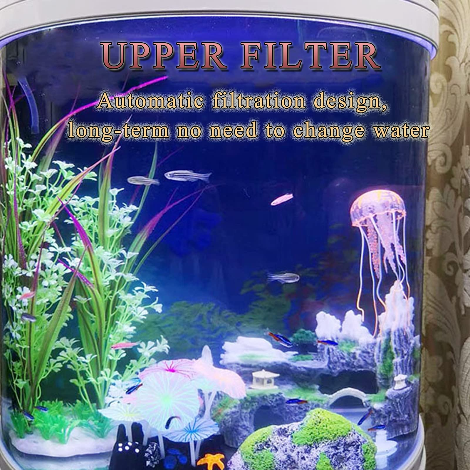 【Pet】Semi-Circular Fish Tank, Silent Acrylic Aquarium for Home Office Living Room, Water-Free Fish Tank