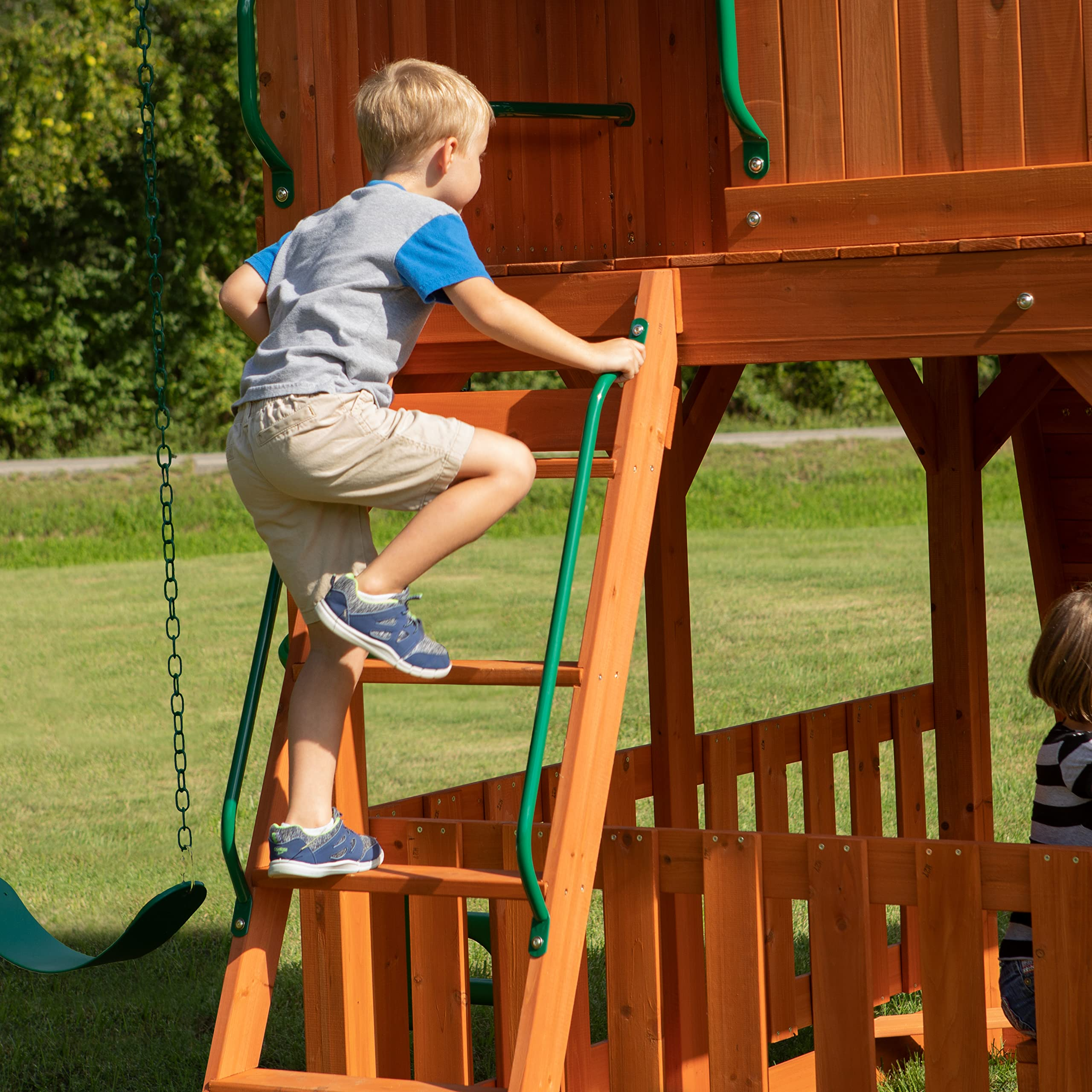 【Baby&Kids】Skyfort II Playground Cedar Wood Swing Set with Playhouse Fort, Sandbox, Picnic Table, Slide