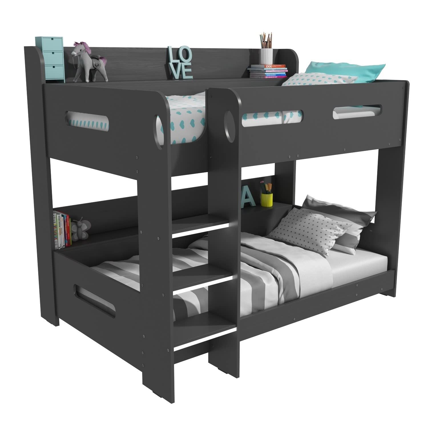 【Furniture】Dark Grey Bunk Bed with Storage Shelves - Ladder Can Be Fitted Either Side