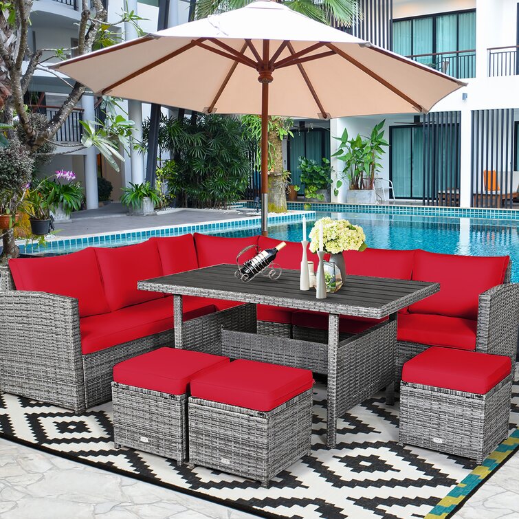 【Home&Garden】Stefanie Polyethylene (PE) Wicker 9 - Person Seating Group with Cushions