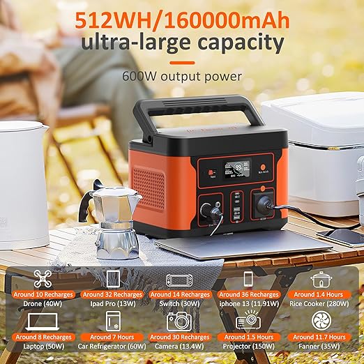 Tiexei Portable Power Station 600W, 512Wh LiFePO4 Battery Pack