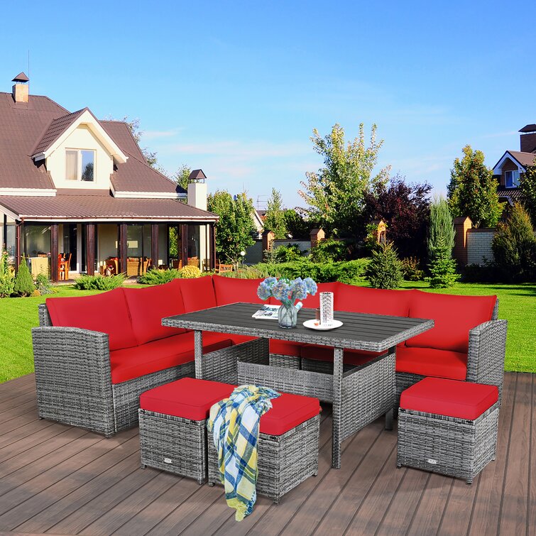 【Home&Garden】Stefanie Polyethylene (PE) Wicker 9 - Person Seating Group with Cushions