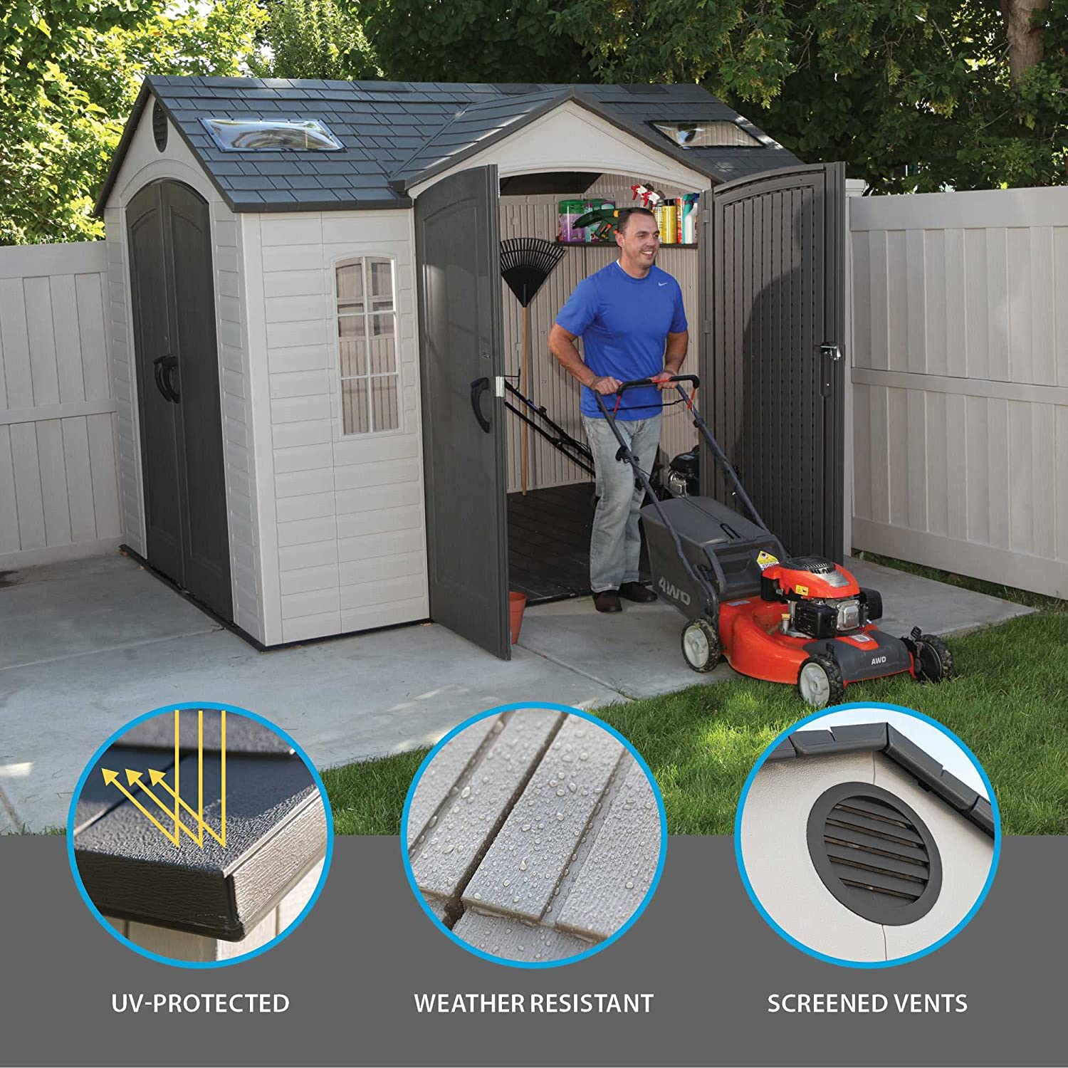 【Storage Shed】10'x8' Resin Outdoor Storage Shed with Shutters, Windows & Skylights for Garden Patio