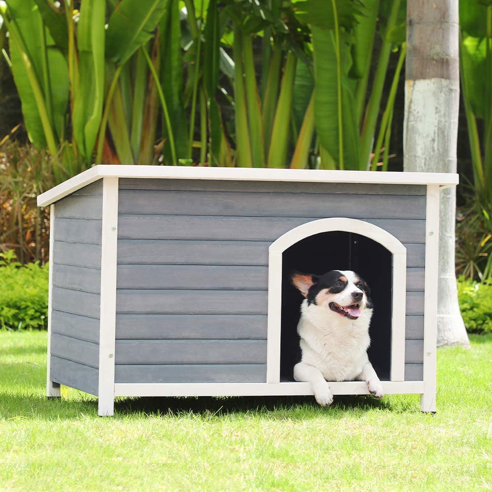 【Pet】Outdoor Wooden Dog House with Hinges, Raised Feet, Openable Asphalt Roof & Removable Floor