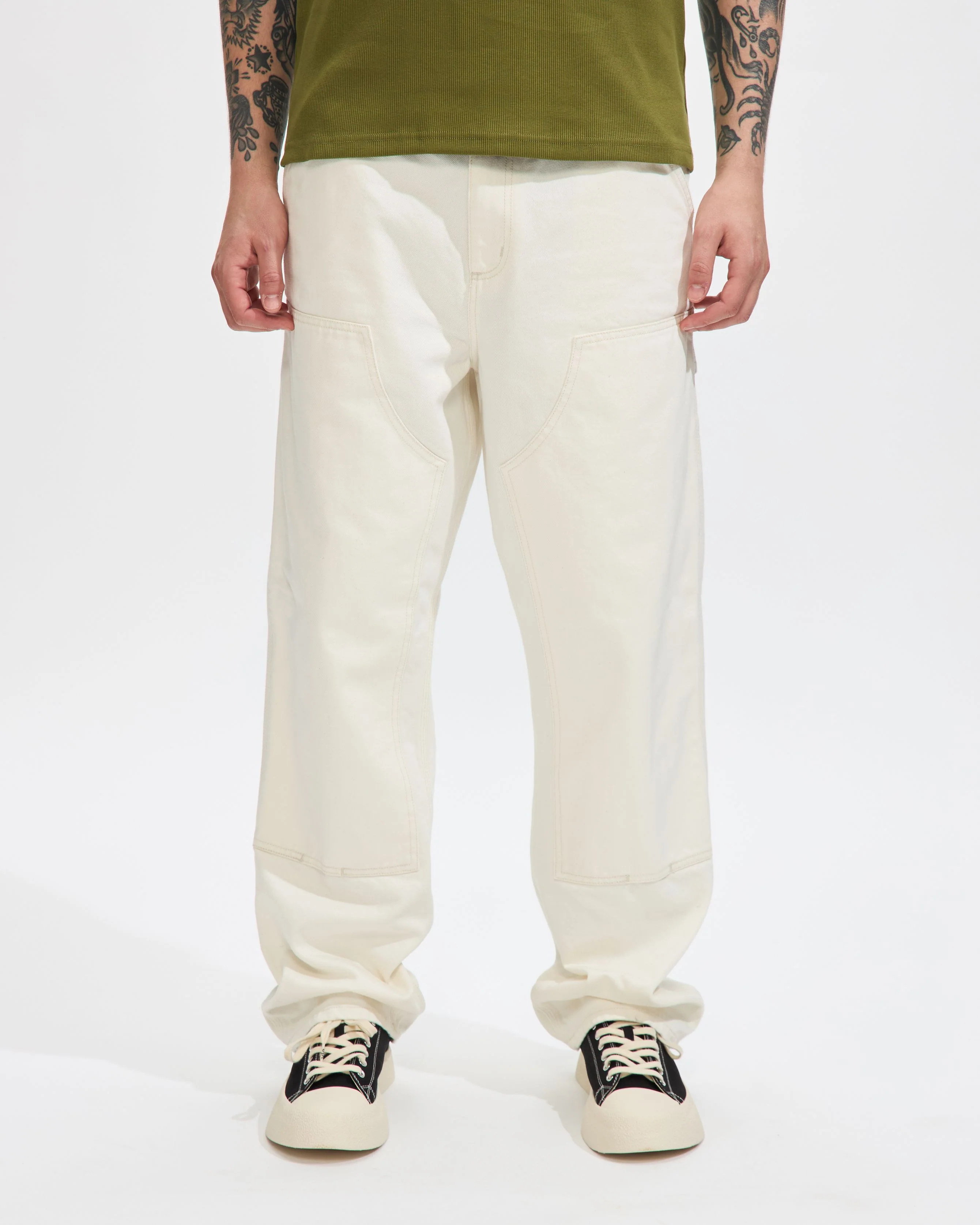 Double Knee Denim Pant in White