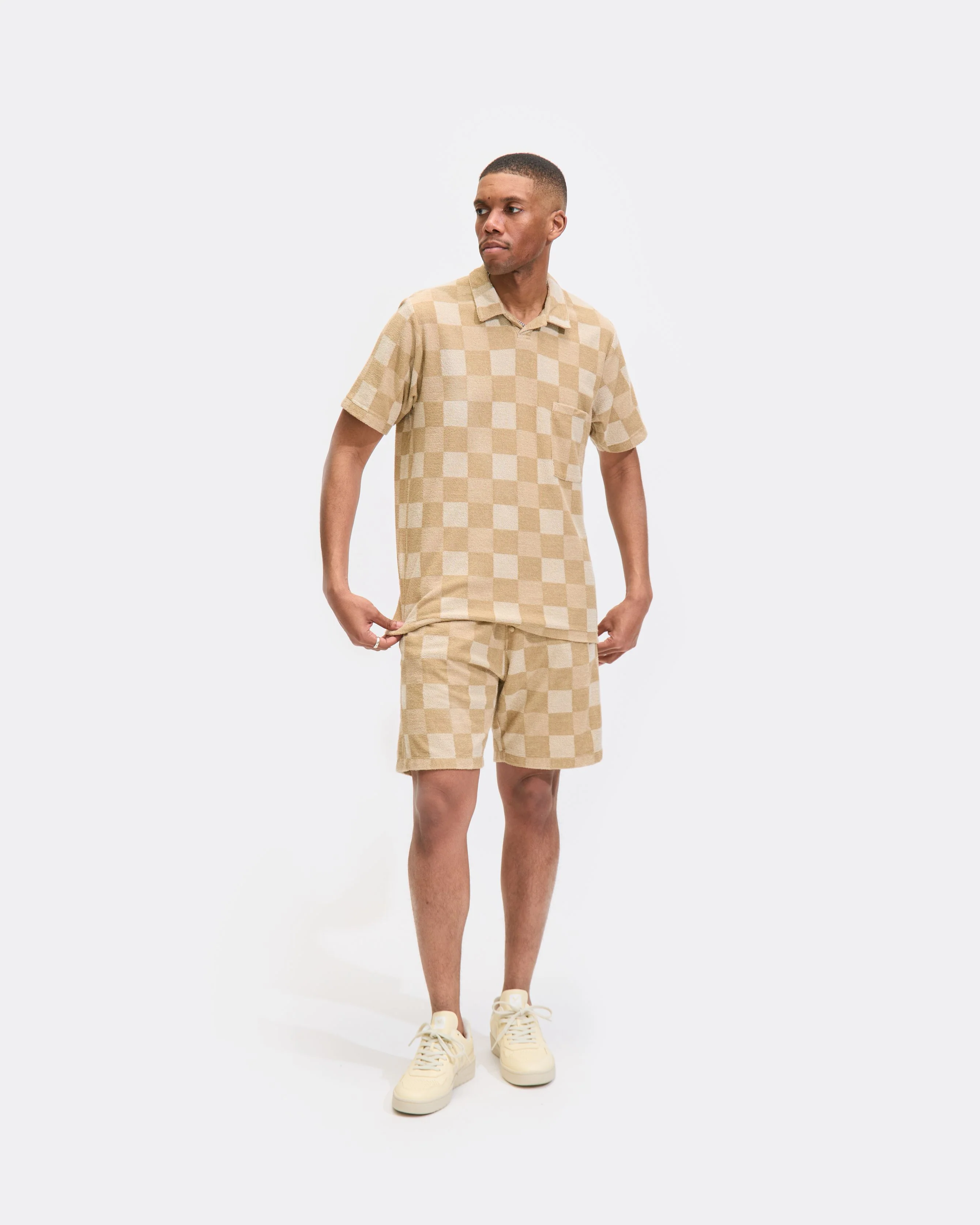 Vacation Polo In Sand Checkboard Towelling