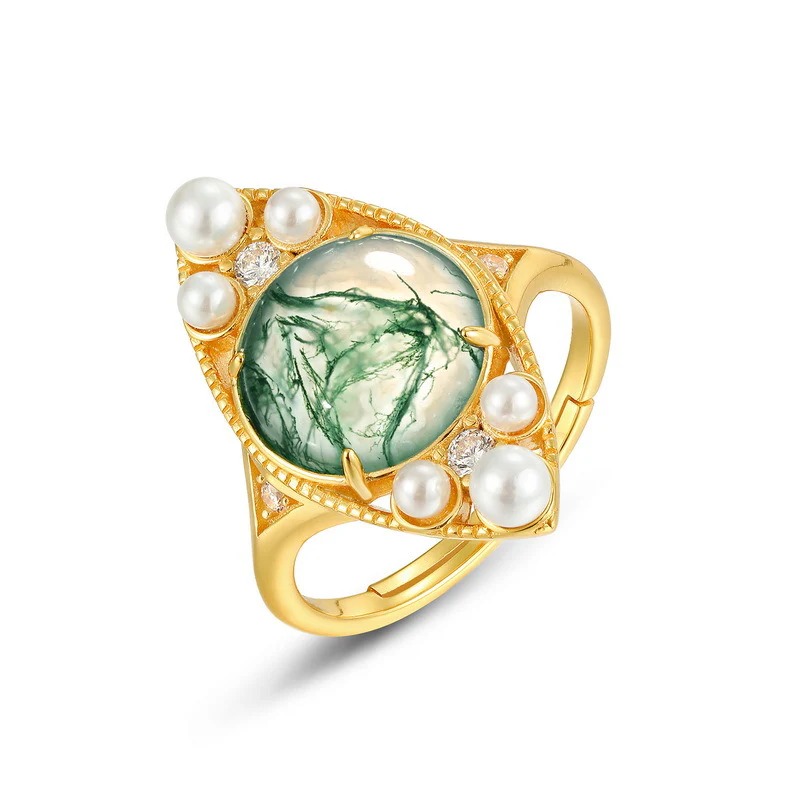 Pearl and Moss Agate Ring (10K Gold Plated)