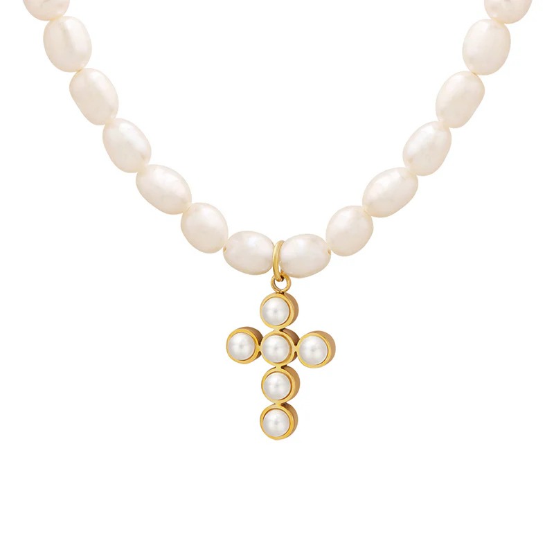 Irregular Shape Natural Pearl Cross Necklace