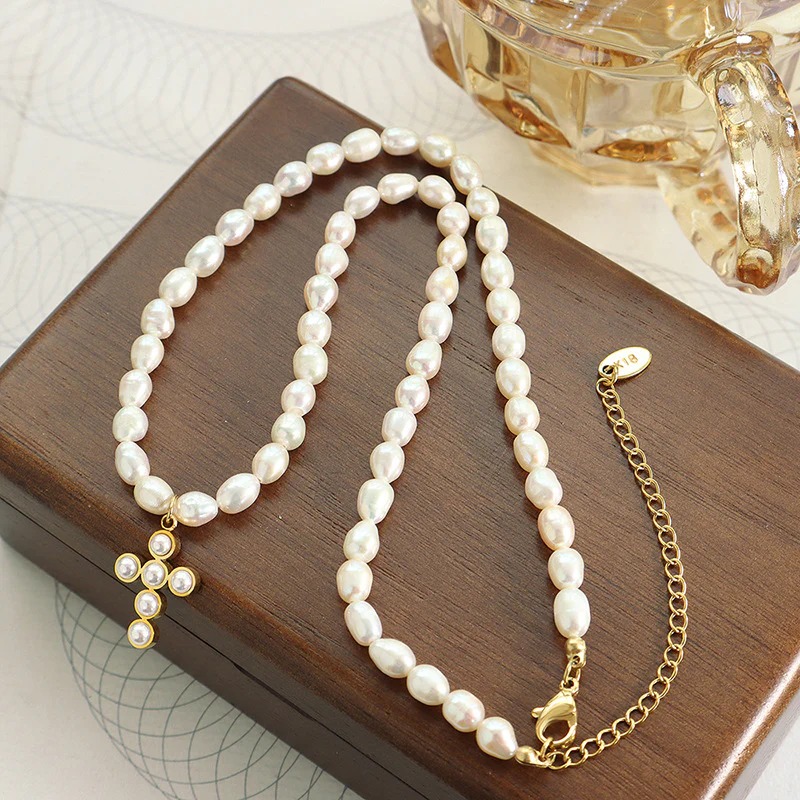Irregular Shape Natural Pearl Cross Necklace