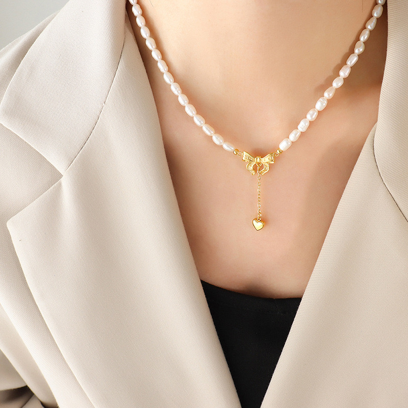 Pearl Heart Bow Pendant Necklace