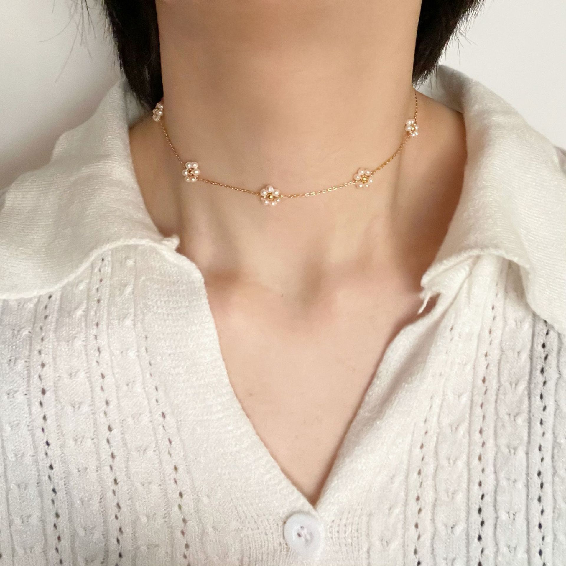 Simple style  flower shaped pearl necklace AL2411322