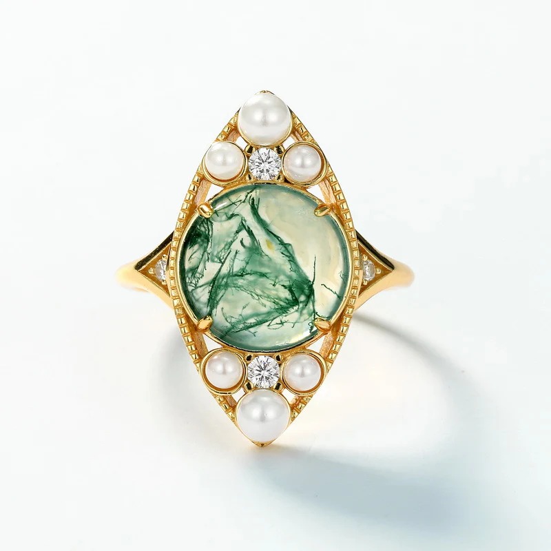 Pearl and Moss Agate Ring (10K Gold Plated)
