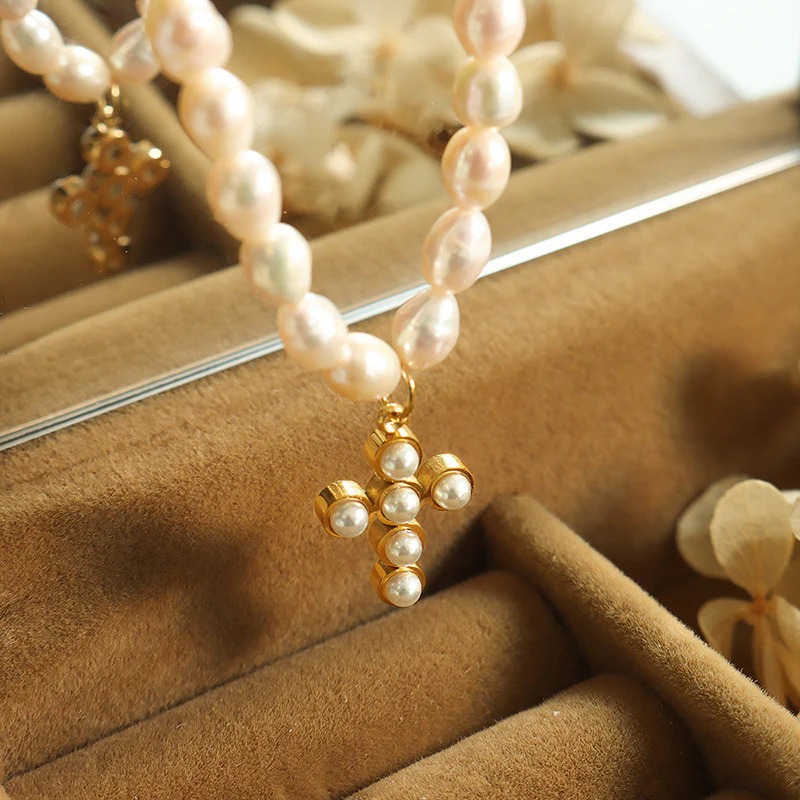 Irregular Shape Natural Pearl Cross Necklace