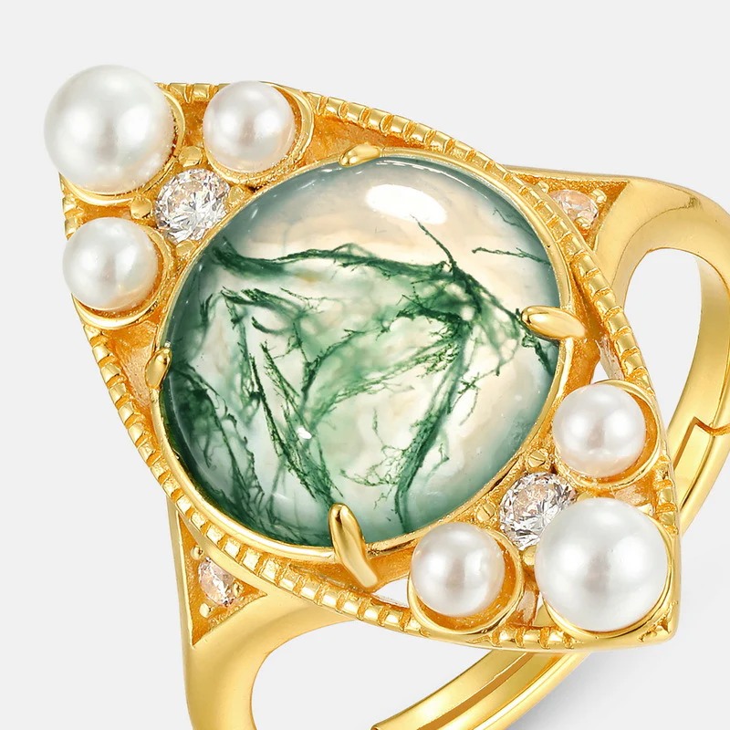 Pearl and Moss Agate Ring (10K Gold Plated)